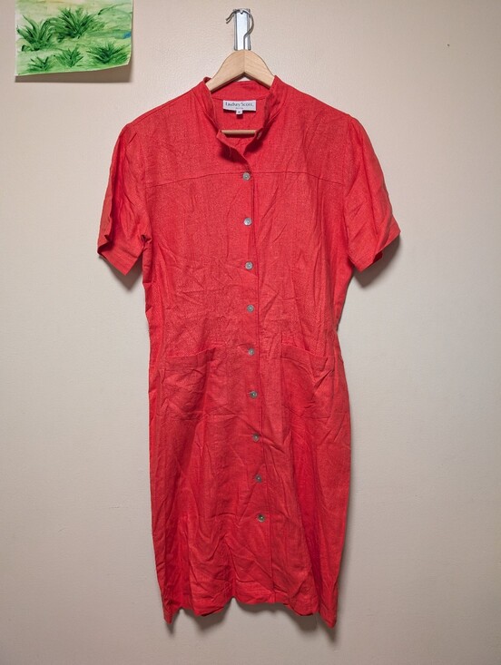 Lindsey Scott Dresses & Skirts - Lindsey Scott Petites 8 Coral Red Linen Button Front Midi Dress Vintage